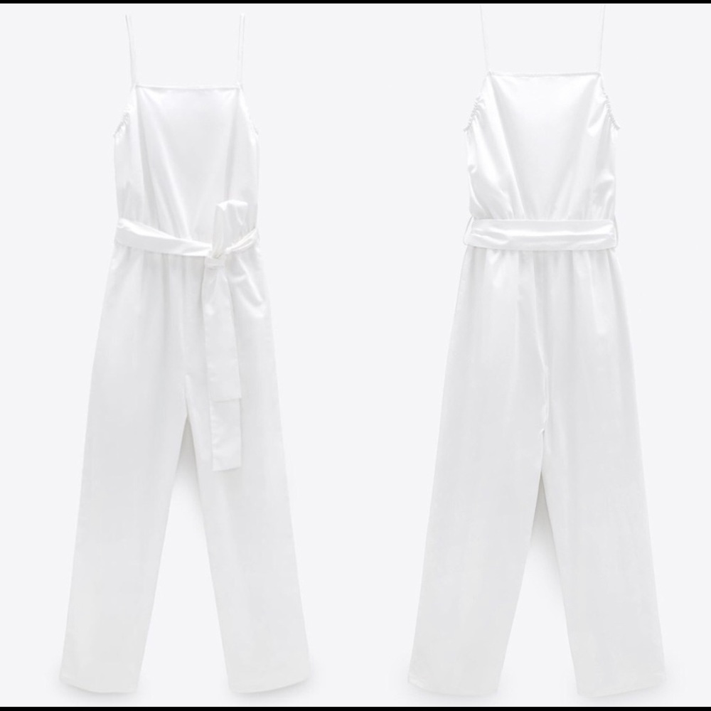 Zara All White 100% Cotton Jumpsuit With Belt TRF